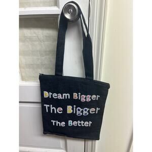 - Dream Bigger - Black Denim Beaded Tote Bag - Zip Closure - NEW - 11.5" 13.5"